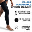 Full Leg Compression Sleeve feature highlights: 3-in-1 thigh, knee, and calf solution; no-slip silicone grip band; graduated circulation boost