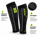 Featherweight leg sleeve features: chevron ribbing for targeted shin and calf support, ultralight breathable moisture-wicking construction, seamless comfort to help reduce chafing