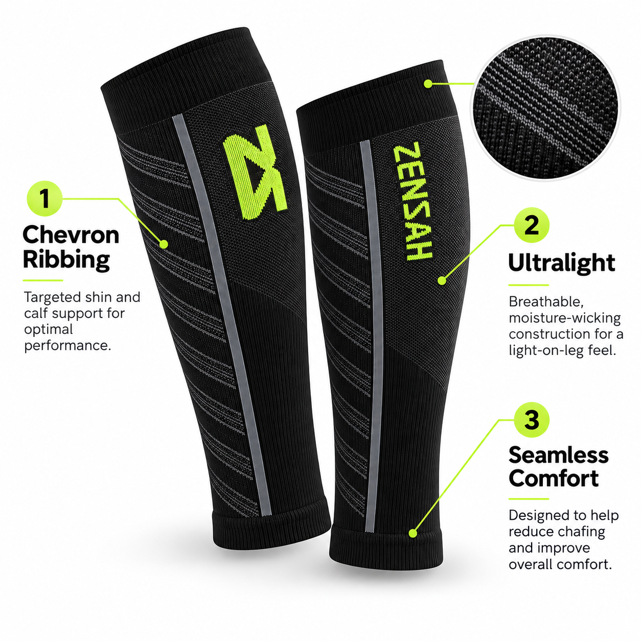 Featherweight leg sleeve features: chevron ribbing for targeted shin and calf support, ultralight breathable moisture-wicking construction, seamless comfort to help reduce chafing