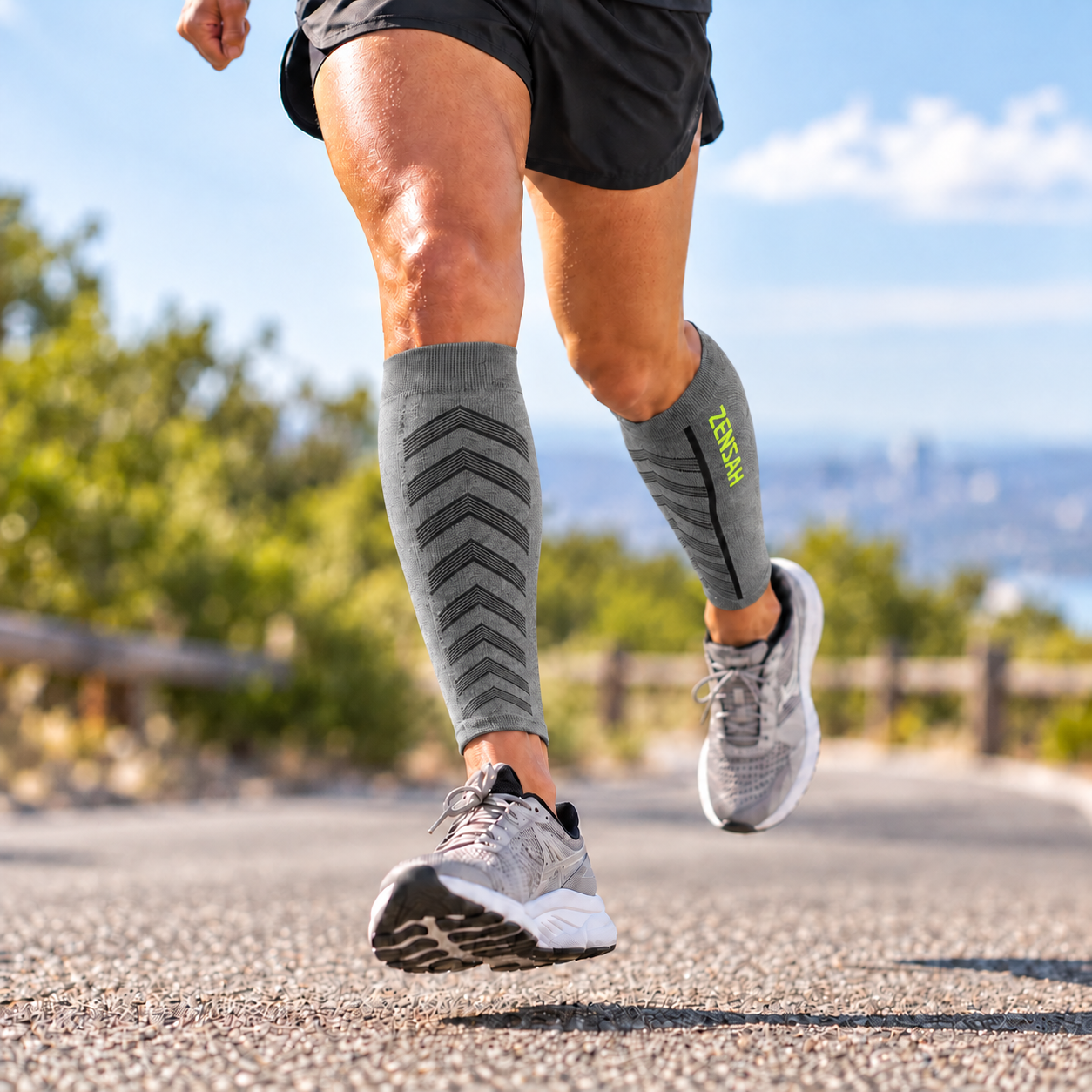 Runner wearing Featherweight Compression Leg Sleeves in Heather Grey