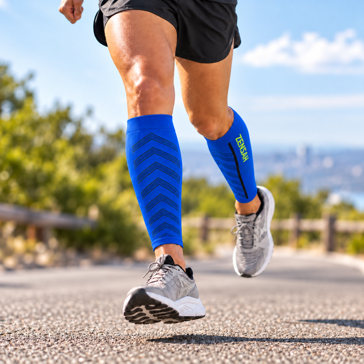 Runner wearing Featherweight Compression Leg Sleeves in Sporty Blue
