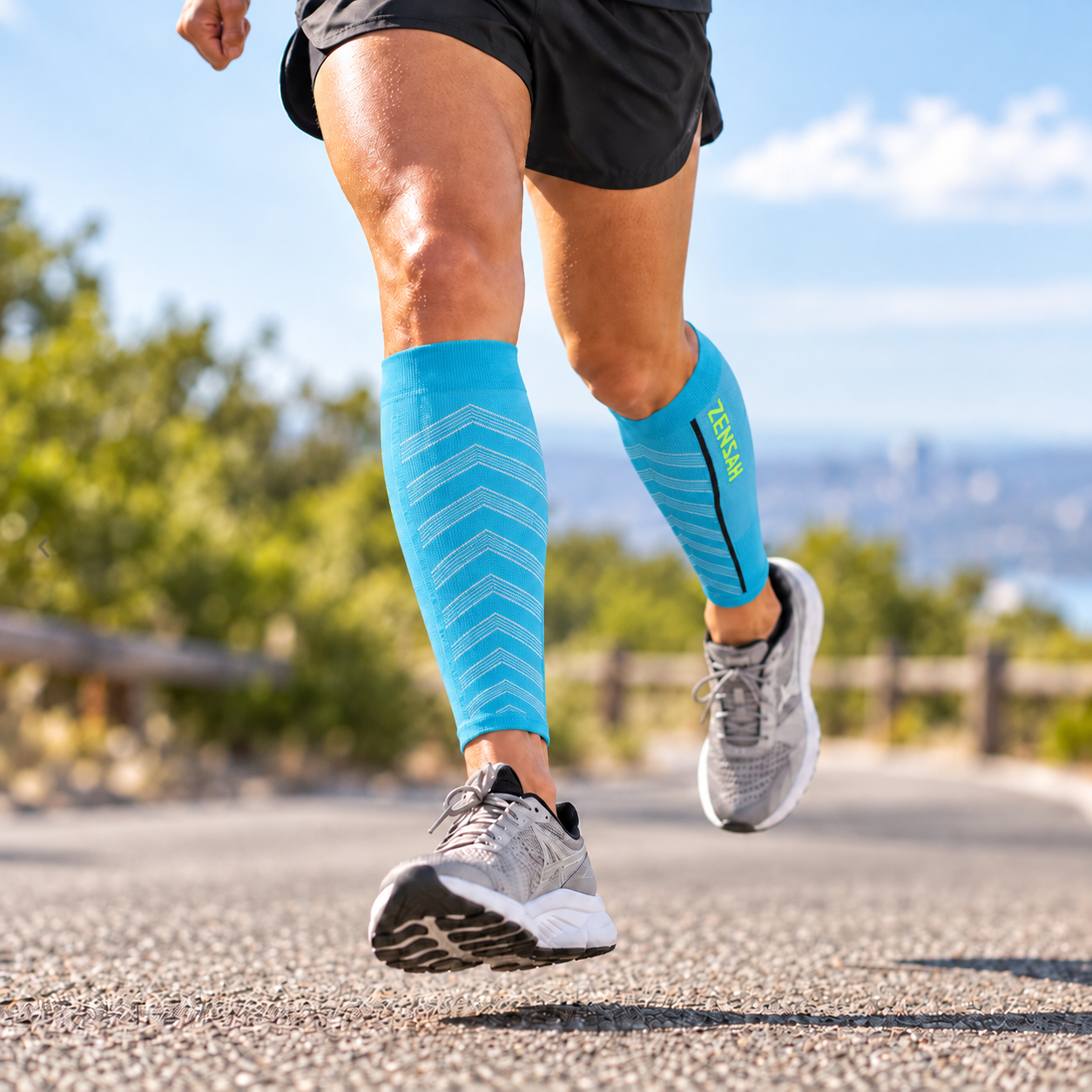 Runner wearing Featherweight Compression Leg Sleeves in Turquoise