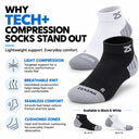 Tech+ Quarter Sock: light compression, breathable knit, seamless comfort, cushioned zones