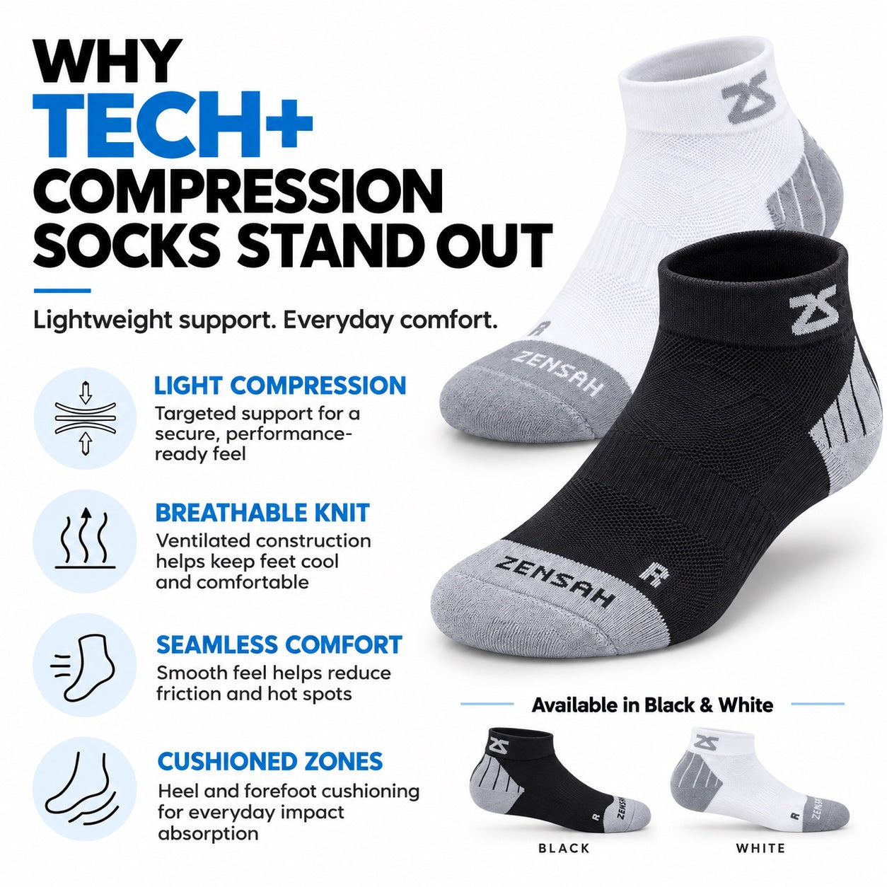 Tech+ Quarter Sock: light compression, breathable knit, seamless comfort, cushioned zones
