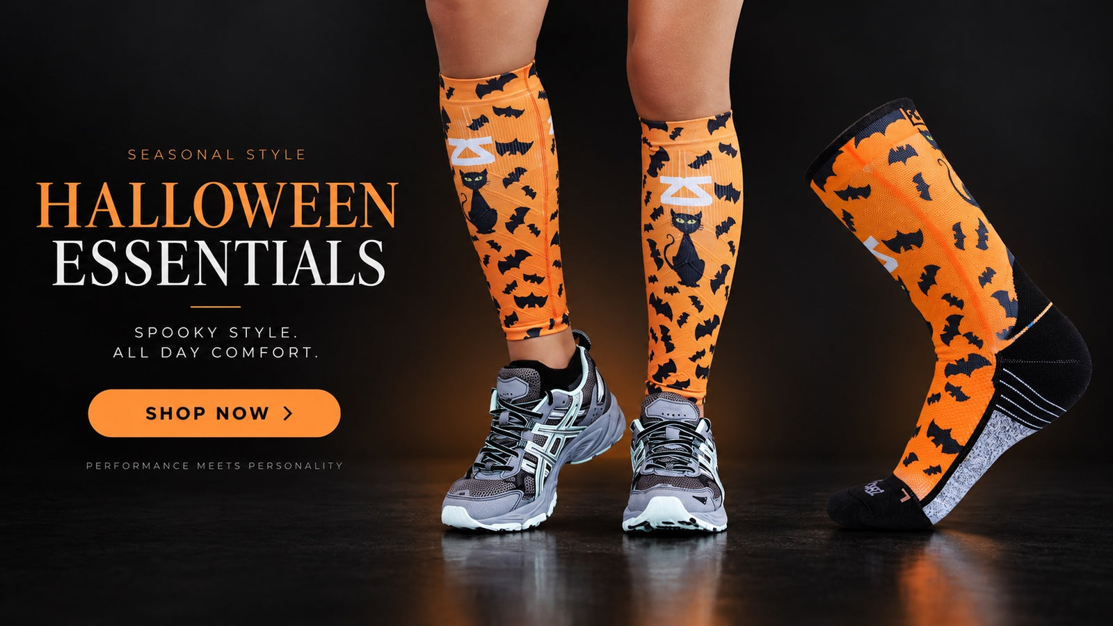 Halloween Essentials: Zensah orange bat and black cat compression leg sleeves and crew socks. Shop now.