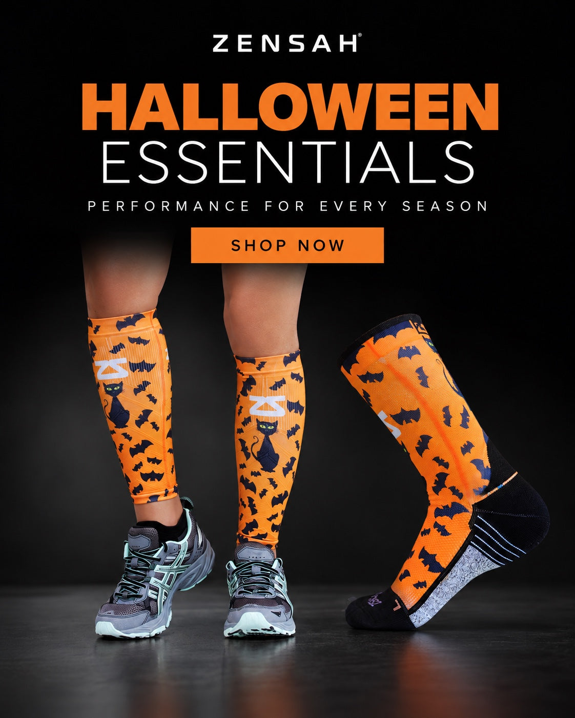 Halloween Essentials: Zensah orange bat and black cat compression leg sleeves and crew socks. Shop now.